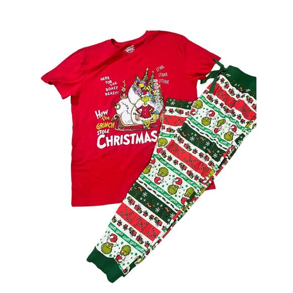 Dr. Seuss Grinch Unisex Two Piece Pajamas Red/Green Christmas T-shirt Joggers XL - Picture 1 of 9